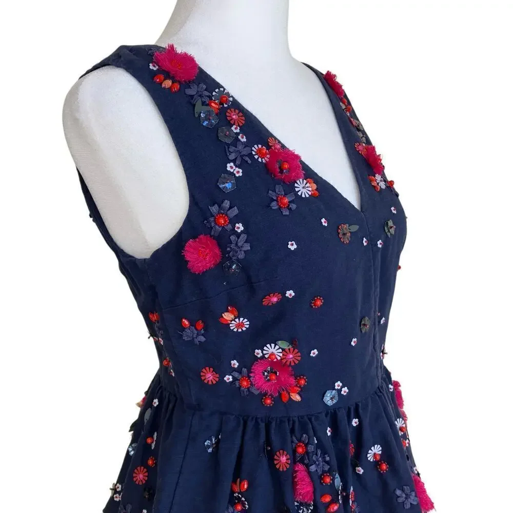 J. Crew Hand-Embellished Beaded Linen Blend Sleeveless Peplum Top Navy Red Sz 00
